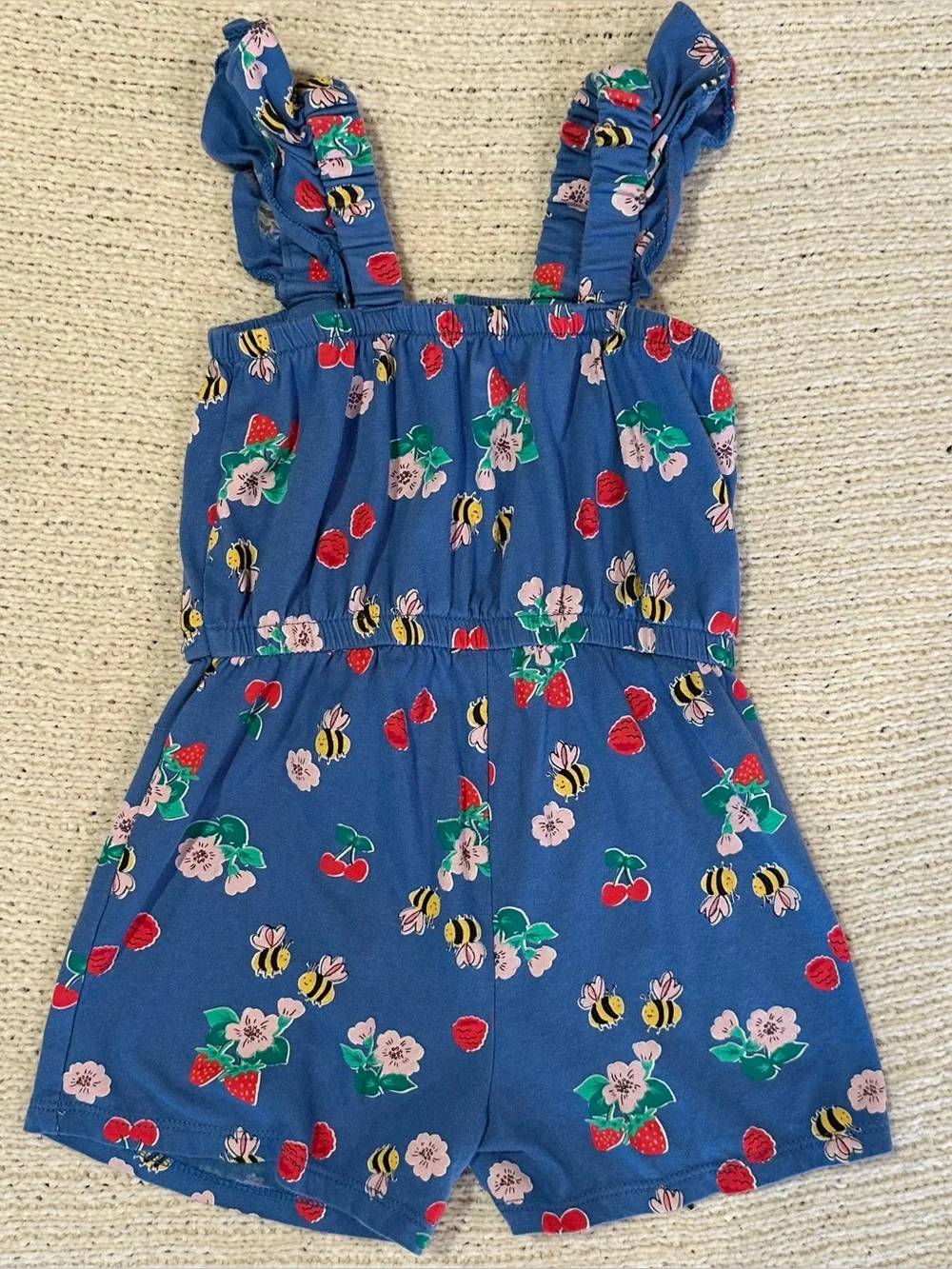 Blue Fruit, Floral, & Bee Print Romper